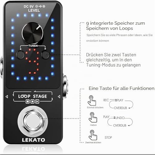 LEKATO Gitarre Loop Effektpedal mit 9 Schnallen Integrierte Stimmgerät Loop Station Max 40 Minuten Aufnahmezeit Elektrische Gitarre Looper für Bass-Tastatur