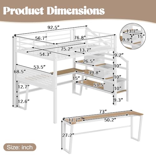 Image of Bellemave Full loft Bed with Movable Desk and Storage Stairs, Shelves, Metal Loft Beds with LED Lights, USB Ports, Multifunctional Iron Nets for Adults, Kids, Teens, White