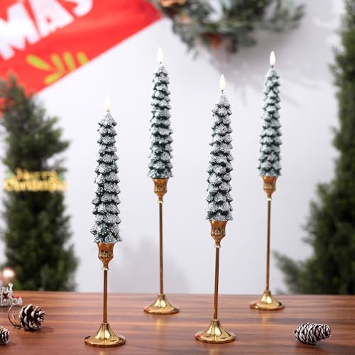 Image of Stmarry 4 PCS Flameless Christmas Tree Candles with Remote, Snow Covered Real Wax Flameless Taper Candles 9.65 Inch, LED Candlesticks Battery Operated with 3D Flickering Flame, Christmas Candles Decor