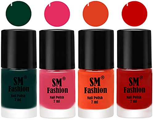 Image of Nail Polish Combo Set (Pack of 4) Quick Dry Gel Finish Nail Paint | Dark Green,Dark Rose Pink,Reddish Orange ,Orange | 7 ml Each