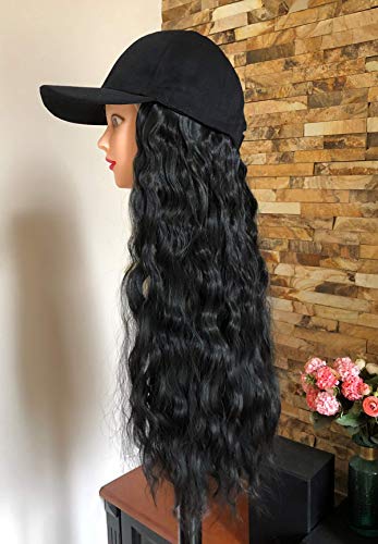 20" 22" 25" Long Synthetic Straight Wavy Curly Ombre Hooded Hat Hair Extensions Baseball Cap Wig for Women (20" Curly +Black Cap, Natural black)