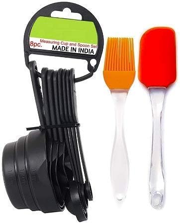 TARZAN Popular Combo - 8 Pcs Black Measuring Cups and Spoons Set, Silicone Series Spatula and Brush Set