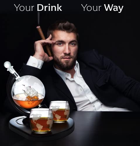 Whiskey Decanter Globe Set With 2 Etched Globe Whisky Glasses - Included - Whiskey Stones, Ice Tong, Coasters - Gifts For Men Dad - Liquor, Bourbon, Scotch, Vodka With A Wood Stand - 850Ml #TOP3