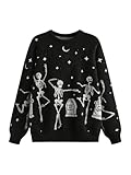 WDIRARA Women's Gothic Skull Pattern Sweater Crew Neck Long Sleeve Pullover Knitted Top Black X-Large