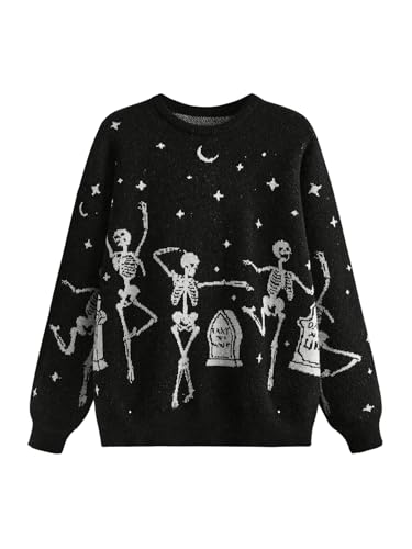 WDIRARA Women's Gothic Skull Pattern Sweater Crew Neck Long Sleeve Pullover Knitted Top