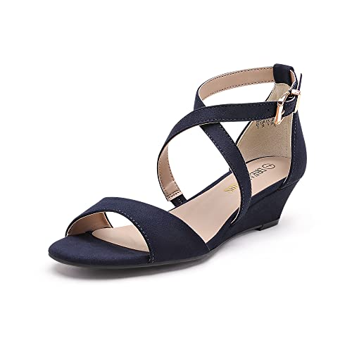 DREAM PAIRS Women's Low Wedge Sandals Ankle Strap Heel Sandal Open Toe Wide Dress Summer Shoes 6 Navy Suede