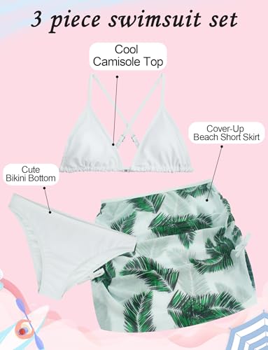 Image of Girls 3 Piece Swimsuit Summer Hawaiian Bikini Set with Beach Cover Up Skirt Bathing Suit Swimwear 8-15 Years