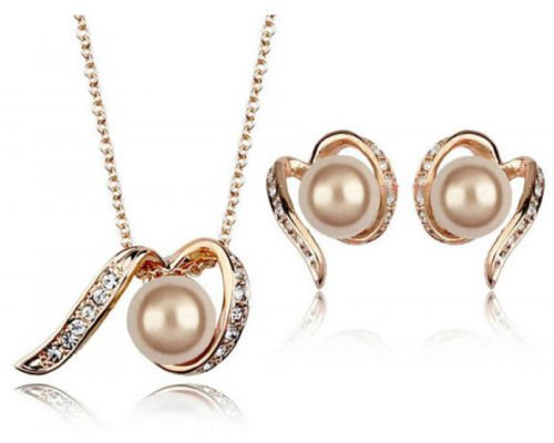 Wedding Shiny Bridal Jewellery Set Gold Champagne Pearls Necklace Earrings S541
