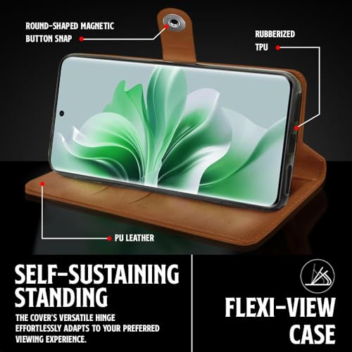 Image of WOW IMAGINE Shock Proof Flip Cover Back Case for Oppo Reno 11 Pro 5G (Magnetic Button Flip Case | Wallet Pockets & Stand | Leather Finish | Alder Brown)