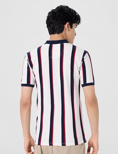 Image of Peter England Men's 100% Cotton Vertical Striped Polo T-Shirt - Casual Wear | Sleek & Comfortable
