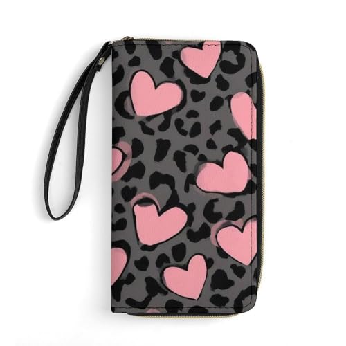 Long PU Zipper Wallet With Rope, Travel Purse Fashion Design, Huge Storage Capacity Wallet, Cute Decor Purse For Men And Women Love Heart Dark Gray Black Leopard Cheetah Print
