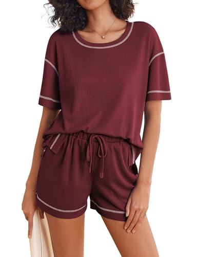 Image of Ekouaer Women's Waffle Knit Two Piece Lounge Set, Soft Matching Outfits for Daily Wear, Casual Shorts Set with Pocket