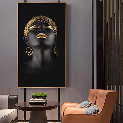 Fille noire avec boucles d'oreilles dorées peinture sur toile africaine décoration 50x100