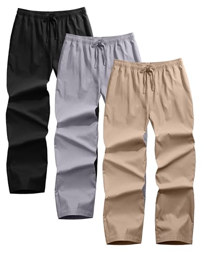 Ficerd 3 Pack Men's Casual Cotton Chino Pants, Summer Lounge Elastic Waist Drawstring Straight Pants Trousers with Pockets(Black, Light Gray, Khaki,L)2