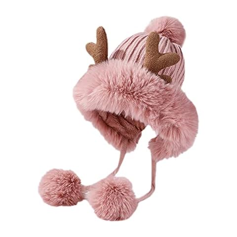 Inzegao Women Winter Warm Faux Fur Knit Beanie with Pom Pom Fleece Russian Hat, D169-pink, One Size Cover
