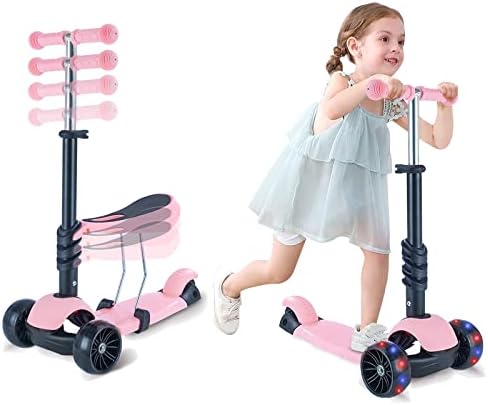 Kick Scooter Toy for Kids 2-5 Years Old, 3 LED Wheel& 4 Adjustable Height with Removable Seat Ride on Scooters, Birthday Gift Outdoor Toys for Baby Toddler Boy Girl