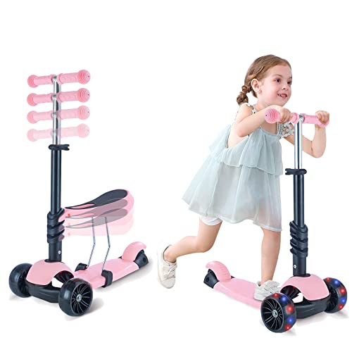 Kick Scooter Toy For Kids 2-5 Years Old, 3 Led Wheel& 4 Adjustable Height With Removable Seat Ride On Scooters, Birthday Gift Outdoor Toys For Baby Toddler Boy Girl #TOP3