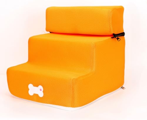 Conutoo犬の階段のステップ通気性の網ペットステップ折り畳み式2つのレベル階段取り外し可能 ペット用品 (3段,オレンジ色)