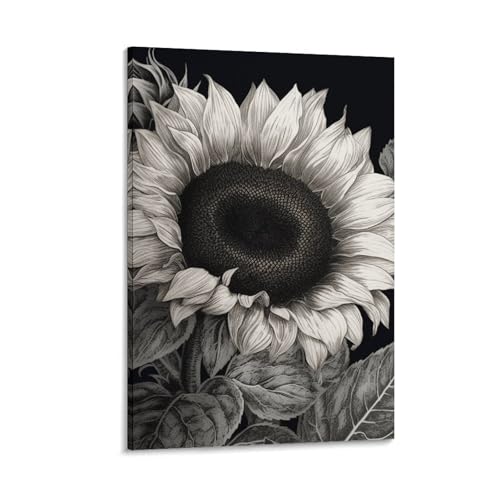 Toile murale tournesol noir et gris avec cadre 50x75 cm pour decoration de salon