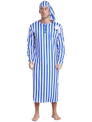 Men's 2Pcs Night Shirts Loose Sleepwear Long Sleeve Striped Nightshirt Nightwear with Hat