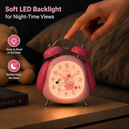 Image of RUCON Twin Bell Alarm Clock for Bedroom | Super Loud Analog Alarm Clock for Heavy Sleepers | Night Light | Metal Table Clock for Home, Office & Kids (Pink Panda)