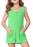 BesserBay Little Girls Summer Rib Knit Button Up Jumpsuits Scoop Neck Fashion Sleeveless Short Rompers with Pockets Green 5-6 Years