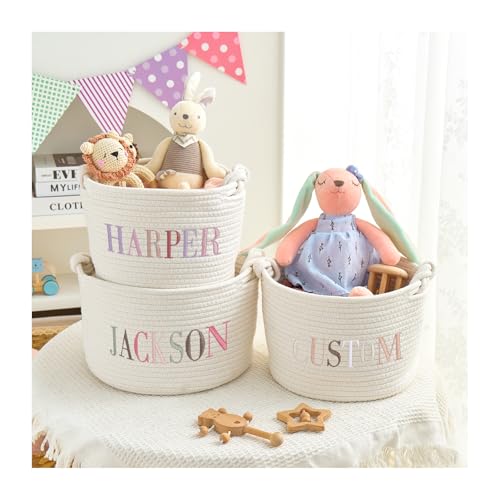 Personalized Easter Baskets with Name Embroidery in Different Colors, BJZLWJ Custom Woven Bag Gifts,Cute Handmade Cotton Rope Large Capacity Basket for Children,Baby Toy Storage Baskets with Handles