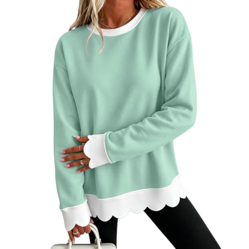 Jielayou Crewneck Sweatshirts Women Cotton Scalloped Hem Cozy Pullover Tops - image 1