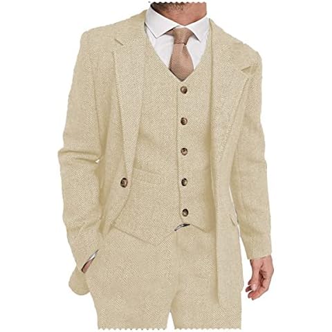 Mens 3 Pieces Suit Vintage Tweed Herringbone Formal Wedding Grooms Tuxedos Blazer Vest Pant(Champagne,50) Cover
