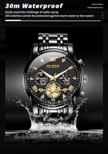 OLEVS Men Skeleton Watches Stainless Steel Analog Quartz Moon Phase Male Watch, Diamond Multi Calendar Chronograph Watch,Waterproof Wrist Watch for Men