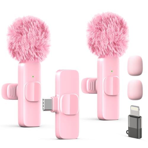 Wireless Lavalier Lapel Microphone for iPhone, iPad, mini Video Recording Mic for Interview Video Podcast Vlog YouTube & Livestream, Noise Reduction, Plug & Play (Pink Type C & Lightning Port)