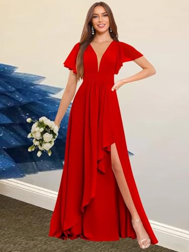 Image of Deep V Neck Chiffon Bridesmaid Dresses Ruffle Formal Dress with Sleeves Pleated High Low Evening Gowns for Women