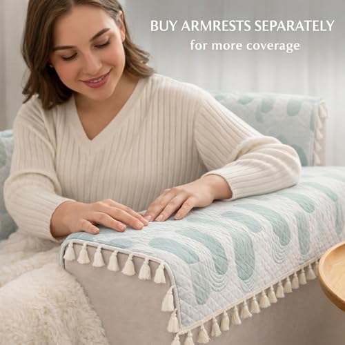 Image of STITCHNEST Quilted Velvet Sofa Cover with Tassels - 24x60 Inch, Green & White Wave Design, Soft & Elegant, Washable Sofa Protector for 1-Seater