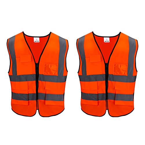 Chaleco de Seguridad Reflectante, 2 PCS Alta Visibilidad Ropa de Trabajo con Cremallera y Bolsillas, Chaqueta de Chaleco de Seguridad para Trabajo/Correr/Senderismo/Ciclismo/Motorista - Naranja
