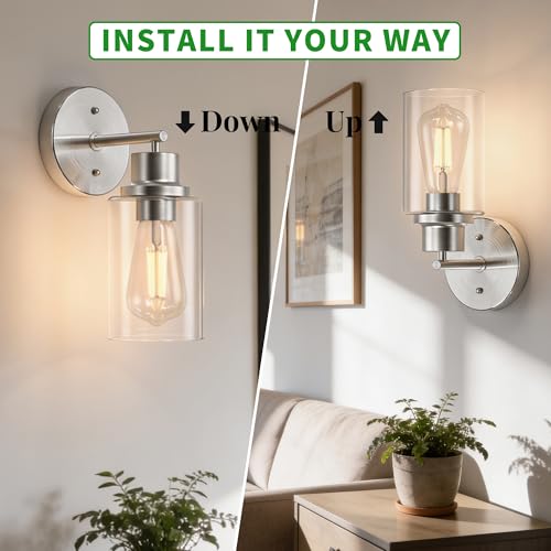 Image of 1-Light Bathroom Wall Sconce with Clear Glass Shade, Modern Vanity Light Fixture Over Mirror for Bathroom, Bedroom, Hallway, Living Room-Brushed Nickel