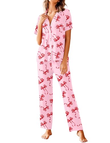 Image of Avidlove Women Pajamas Set Notch Collar Soft Sleepwear Pjs Short Sleeve Button Down Nightwear with Long Pants