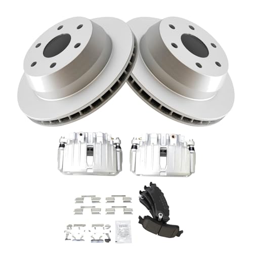 Image of TRQ Rear Brake Pad and Rotor Set Ceramic Coated Rotors Calipers Compatible with 2002-2004 2006 Chevrolet Silverado 1500 2000-2001 GMC Yukon XL 1500