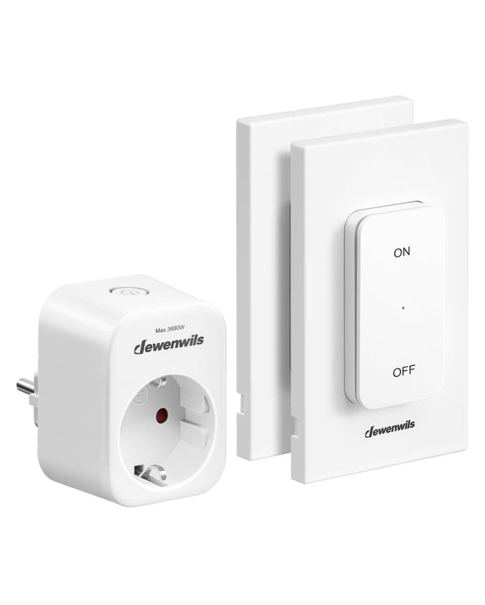 DEWENWILS Funksteckdosen mit Fernbedienung, Funk-Wandschalter, Selbstlernfunktion,Lichtschalter für Feiertagsdeko und Heimgeräte, 30m Reichweite, 3680W/16A, 2 Wandschalter, Weiß