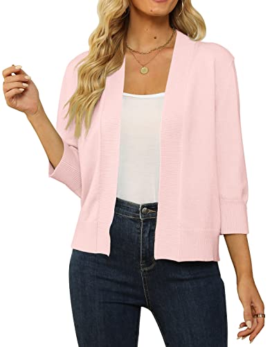 Image of Women's 3 /4 Sleeve Cropped Cardigan Sweater Open Front Short Shrugs Cardigans Lightweight Sweaters