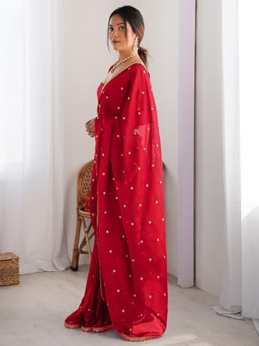 Image of AKHILAM Women's Pure Georgette Embroidered Saree With Unstitched Blouse Piece