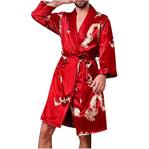 RLEHJN Men's Silk Dressing Gown with Dragon Print Cover