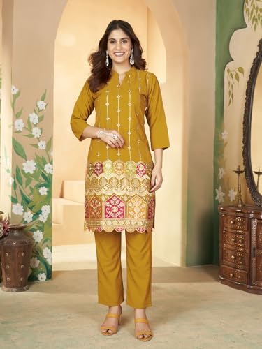 Image of Kurta Set for Women Silk Embroidered Straight Kurta Set for Women with Pant