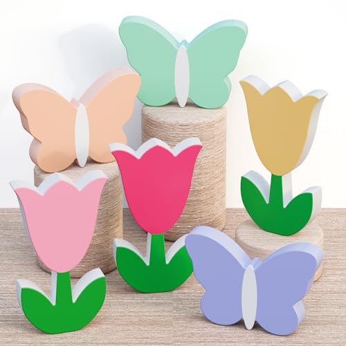 Spring Decorations 6 Pcs Wooden Tulips Flowers Butterflies Table Signs Tiered Tray Decor for Farmhouse Home Kitchen Mantle Fireplace