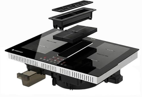 AMZCHEF Induktionskochfeld mit integriertem Dunstabzug 7200W, 4 Kochzonen, Autarkes Muldenlüfter-Kochfeld, FlexZone, Kochfeldabzug für Umluft & Abluft, Kindersicherung, Schwarz