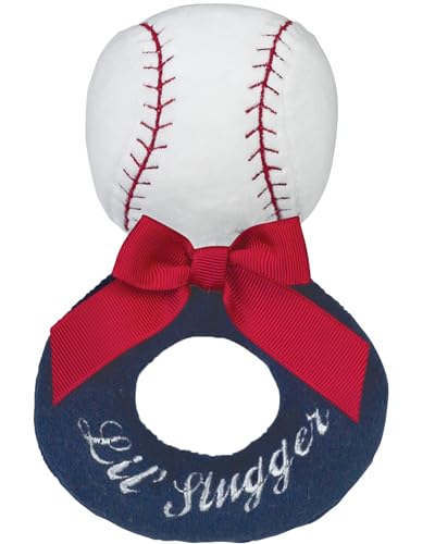 Image of Bearington Baby Lil’ Slugger, 5.5 Inch Red, White and Blue Plush Stuffed Baby Baseball Soft Ring Rattle - Baseball Toys