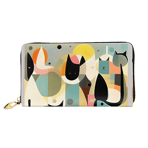 Portefeuille femme chat d'art moderne grand format avec fermeture éclair et rangements cartes