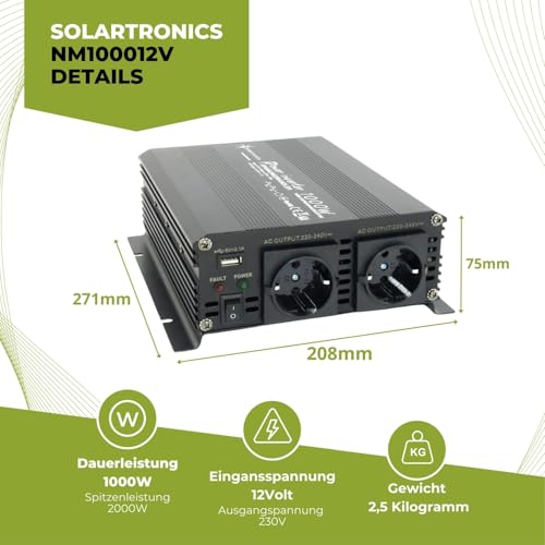 SOLARTRONICS Spannungswandler NM1000 12V 1000 Watt SCHWARZ - 2000 Watt Spitzenleistung - Wechselrichter 12v auf 230v - Blei- oder AGM-Batterie kompatibel - mit Schuko- & USB Anschluss