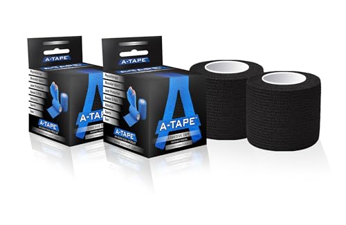 Image of A-Tape Breathable Self Adhesive Cohesive Bandage Wrap - Athletic Non-Woven for Sports, Medical Use, Injuries, Knee & Wrist Support - Suitable for Humans & Pets (Black, 5cm Pack Of 2)