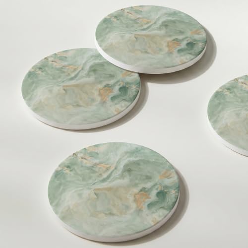 Image of Set of 6 Sage Green Marble Coasters with Holder,Absorbent Ceramic Coasters for Drinks, Coasters with Cork Backing for Table Protection, Housewarming Gifts for New Home