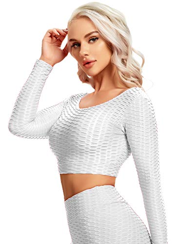 CROSS1946 Chándal transpirable para mujer, camiseta de manga larga y leggings push up, ropa deportiva para yoga (separado) Top Blanco M
